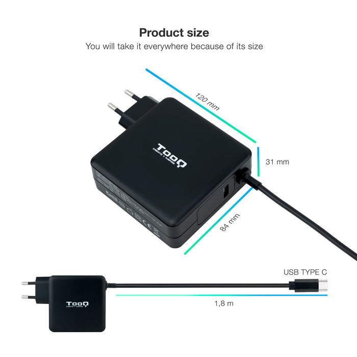 EAN 8433281011991 - TooQ TQLC-USBC90PD adaptador e inversor de corriente Auto 90 W Negro imagen 3