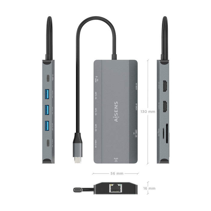 Docking Usb Tipo-C Aisens Asuc-10p052-Gr 2xhdmi 4k 1xrj45 3xusb 1xusb Tipo-C 1xusb Tipo-C Pd 1xlector De Tarjetas Gris