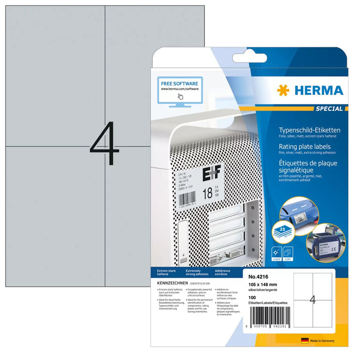 EAN 4008705042161 - HERMA 4216 etiqueta de impresora Plata Etiqueta para impresora autoadhesiva imagen 1