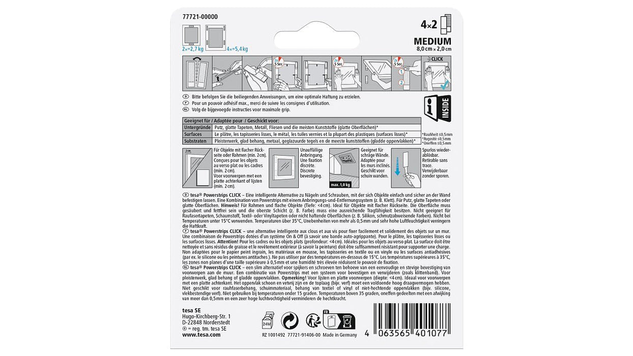 Tesa Powermrips Click Medium, 5.4kg, Selbmkl.Klettband 4x2