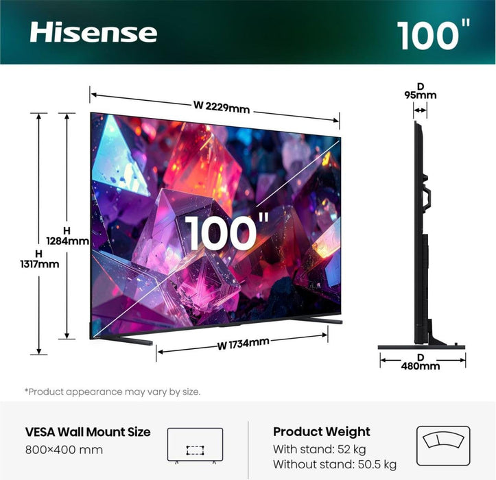 253,0cm 100" (3840x2160) Hisense 100e7ds Pro Smart Tv 4k Hi-Qled 6ms 144hz Hdmi Usb Hdr Wifi Bluetooth Black Grey