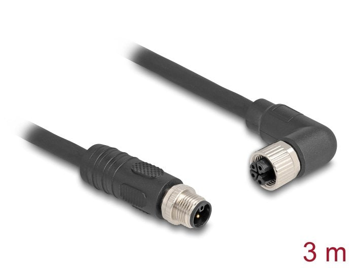 Delock M12 Cable L-Kodiert 4 Pin Stecker Gerade Zu Buchse Rechts Gewinkelt Pur Schleppkettentauglich 3 M Schwarz