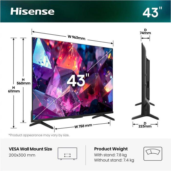 EAN 6942351432410 - Hisense 43E7S PRO 109,2 cm (43") 4K Ultra HD Smart TV Wifi Negro 300 cd / m² imagen 2