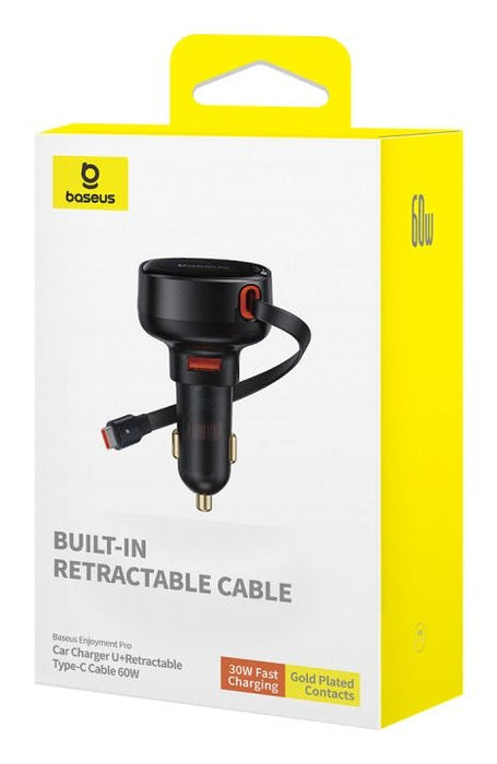 Baseus Enjoyment Pro Car Charger U+Retractable Type-C Cable 60w Cluster Black