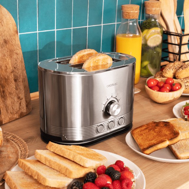 Tostadora Cecotec Vertical De Acero Con Doble Ranura Corta Shine&Toast Double. 850w, Capacidad Para 2 Tostadas, Ranuras Anchas De 3,8cm, Anillo Luminoso, 7 Niveles De Tostado, Varillas Superiores