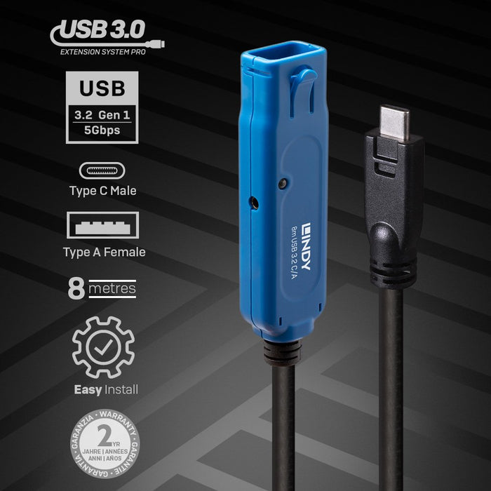 EAN 4002888433815 - Lindy 43381 cable USB USB 3.2 Gen 1 (3.1 Gen 1) 8 m USB C USB A Negro, Azul imagen 2
