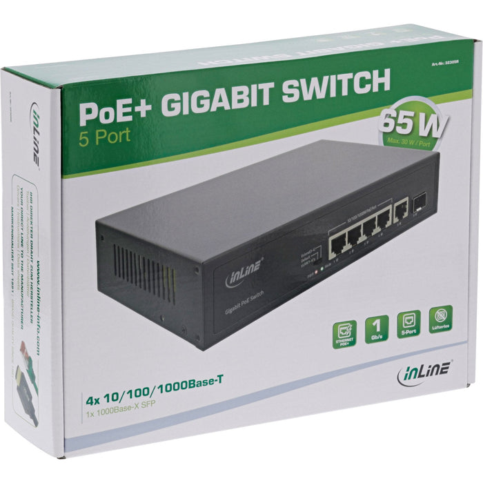 Inline® Poe+ Gigabit Network Switch 5 Port (4x Poe+), 1xsfp, 1gb/S, Desktop, Metal, Without Fan