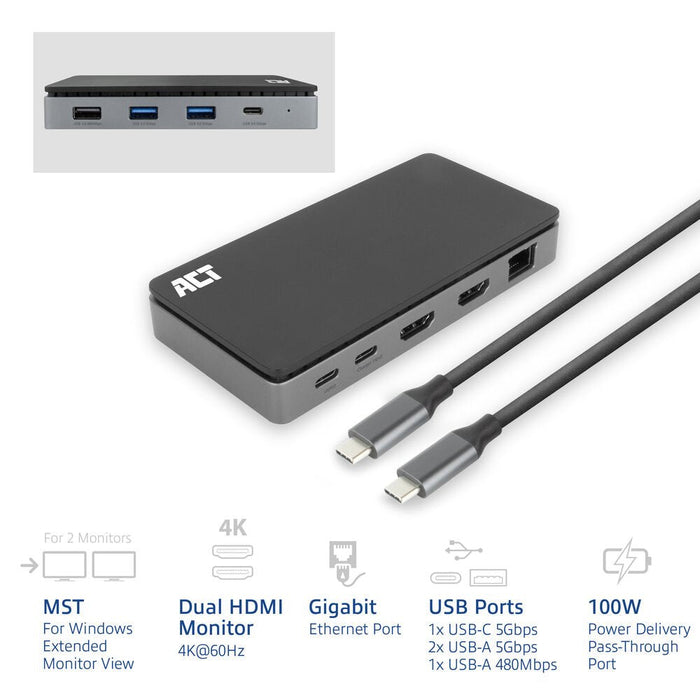 Docking Station Act Connectivity Usb C 4k Mst 2 Monitores Hdmi Ethernet Usb C 3x Usb A Pd Pass Through Cable 1m
