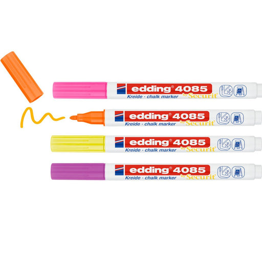 EAN 4057305037206 - Edding 4085 Neon Set marcador de tiza Bala Naranja, Rosa, Púrpura, Amarillo 4 pieza(s) imagen 2
