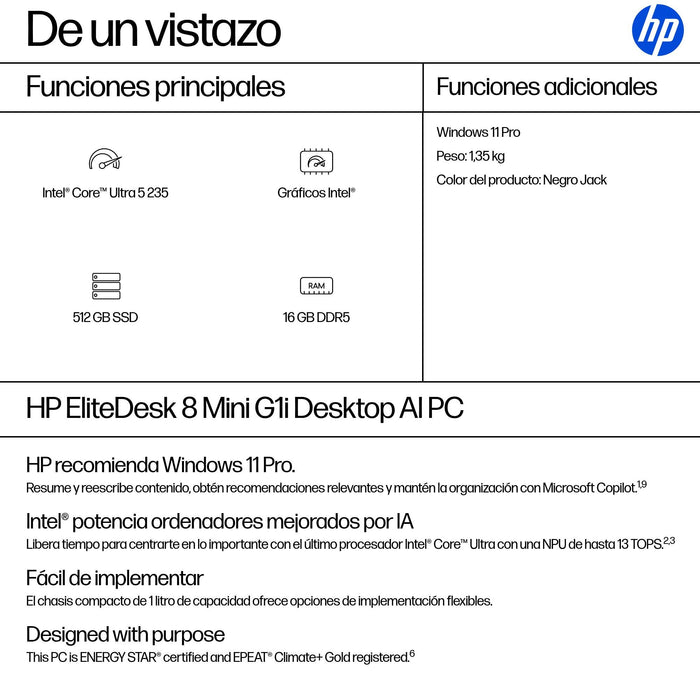 EAN 0199764842787 - HP EliteDesk 8 Mini G1i Desktop AI PC Intel Core Ultra 5 235 16 GB DDR5-SDRAM 512 GB SSD Windows 11 Pro M imagen 3