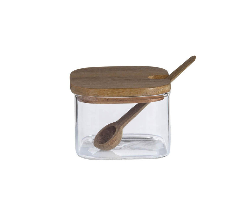 Azucarero De Vidrio Y Madera De Acacia, 3 Piezas Con Bandeja, 27 X 10,5 X 7 Cm