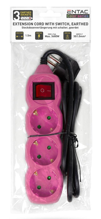Regleta Entac De 3 Tomas Con Interruptor, Cable 1,5 M, Rosa