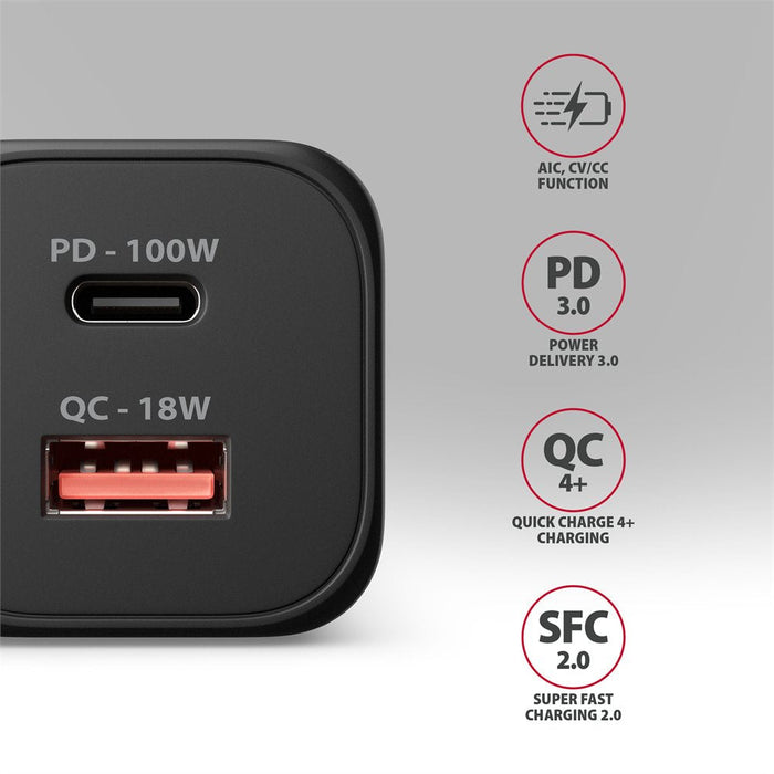Acu-Pq100 Cargador De Red Gan 100w, 2x Port (Usb-C + Usb-A), Pd3.0/Pps/Qc4+, Mini, Negra
