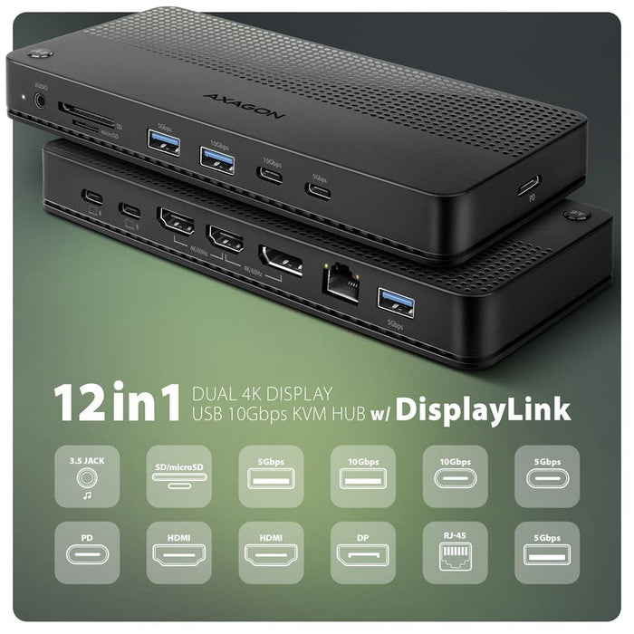 Hmc-Dl-Kvm Base De Conexión Usb-C 12w1 + Kvm 2 Pc, Displaylink, 10gbps, 3x Usb-A, 2x Usb-C, 2x Hdmi 4k/60hz, Dp, Lan 1gbps, Sd/Microsd, Audio, Pd 100w