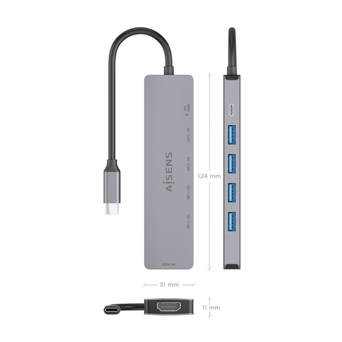 Aisens Usb-C Dock 6 En 1, Usb-C A 1xhdmi, 4xusb-A, 1xusb-C Pd 100w, Gris, 15cm