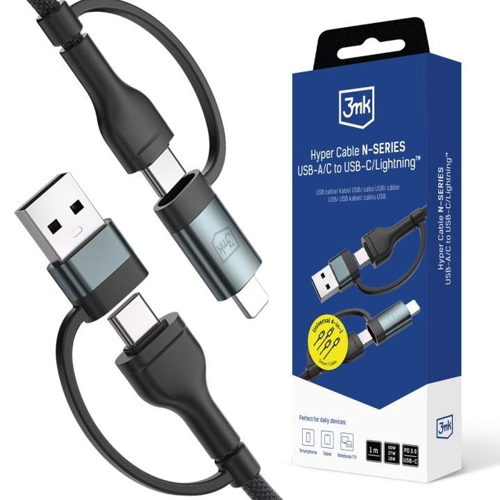 Cable 3mk Hyper N-Series 2 In 2 A C To C Lightning 1.2m Qc 3.0 20v 3a 60w Black