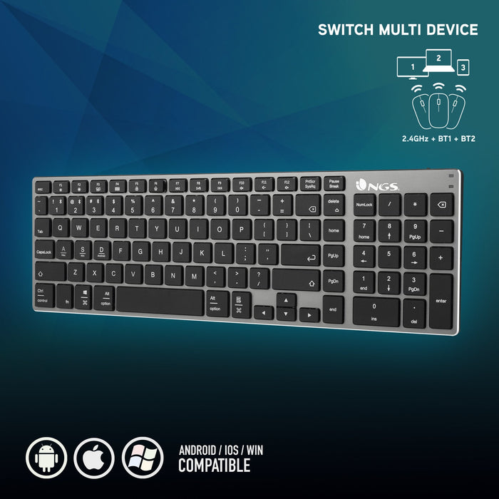 Ngs Fortune-Bt Teclado Multidispositivo Inalambrico Usb Bluetooth - Portugues - Silencioso - Teclas X-Type - Bateria