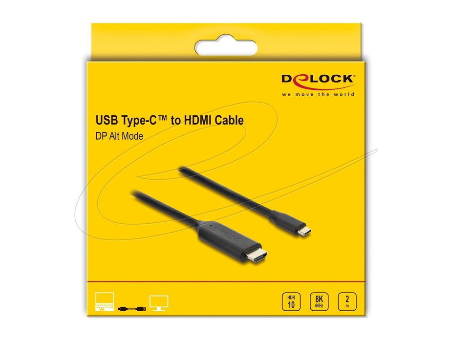 Delock Usb Type-C Zu Hdmi Cable (Dp Alt Mode) 8k 60 Hz Mit Hdr Funktion 2 M Schwarz