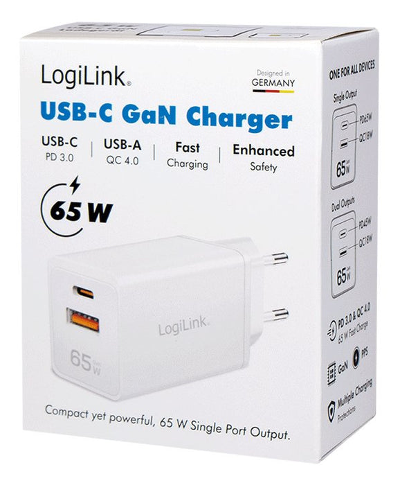 Logilink Usb-A C Charger, 65 W, Gan, 1x Usb-A (Qc), 1x Usb-C (Pd), Blanco