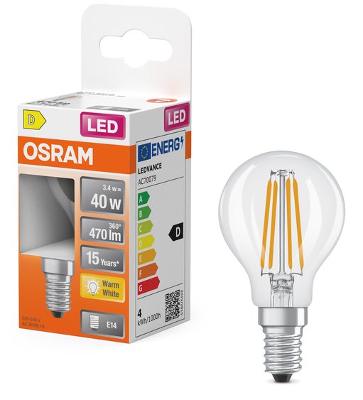 Osram Parathom Classic P Filament 40 Non-Dim 3,4w 827 E14 Bulb