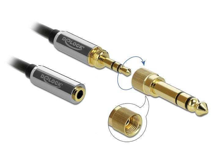 Delock Spiralcable Verlängerung 3,5 Mm 3 Pin Klinkenstecker Zu Klinkenbuchse Mit 6,35 Mm Schraubadapter 5 M