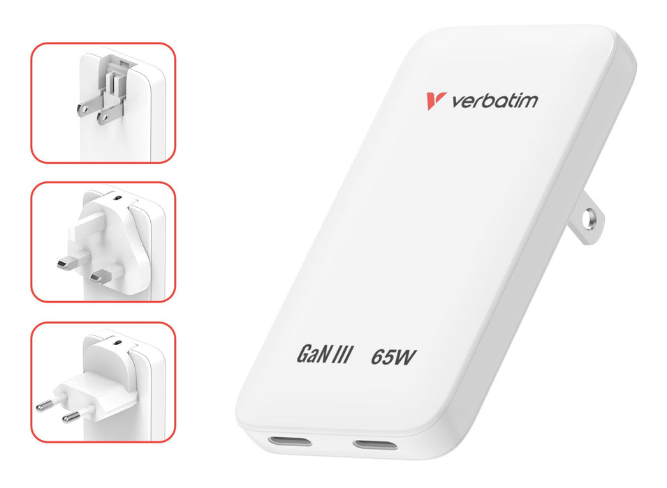 Verbatim Slim Gan Charger 2 Port 65w Eu Uk Us Blanco