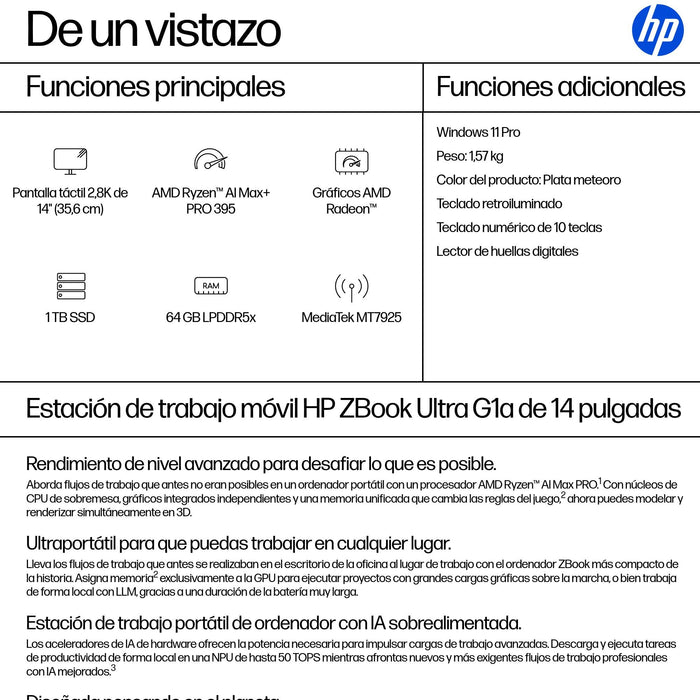 EAN 199251039249 - HP ZBook Ultra G1a Copilot+ PC AMD Ryzen AI Max+ PRO PRO 395 Estación de trabajo móvil 35,6 cm (14") Panta imagen 4