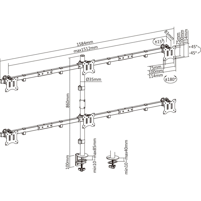 Inline® Desk Bracket For 6x Tv / Led / Tft Display Up A 81cm 32" Max. 7kg Negro