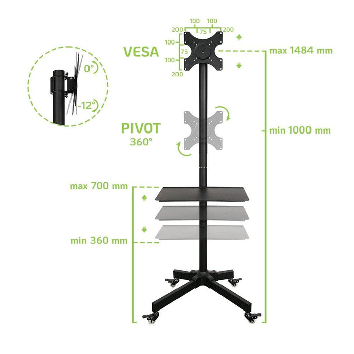 Techly Ica-Tr20 Soporte De Pie Para Pantalla Plana 94 Cm (37") Soporte De Suelo Con Ruedas Para Pantalla Plana Negro