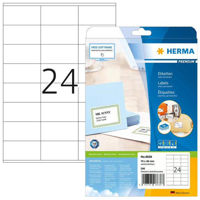 EAN 4008705086387 - HERMA 8638 etiqueta autoadhesiva Rectángulo Permanente Blanco 240 pieza(s) imagen 1