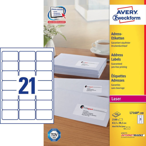 EAN 5014702003103 - Avery L7160-100 etiqueta autoadhesiva Rectángulo redondeado Permanente Blanco 2100 pieza(s) imagen 1