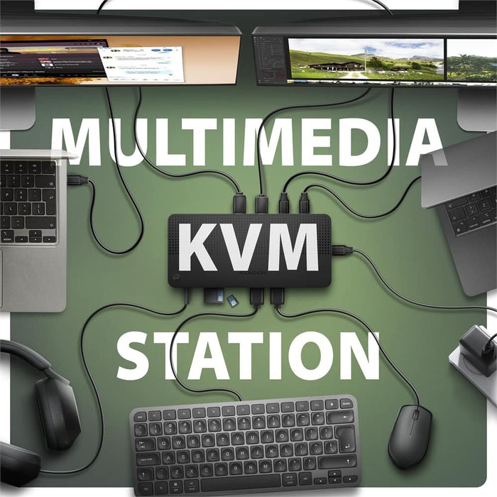 Hmc-Dl-Kvm Base De Conexión Usb-C 12w1 + Kvm 2 Pc, Displaylink, 10gbps, 3x Usb-A, 2x Usb-C, 2x Hdmi 4k/60hz, Dp, Lan 1gbps, Sd/Microsd, Audio, Pd 100w