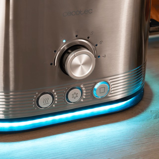 Tostadora Cecotec Vertical De Acero Con Doble Ranura Corta Shine&Toast Double. 850w, Capacidad Para 2 Tostadas, Ranuras Anchas De 3,8cm, Anillo Luminoso, 7 Niveles De Tostado, Varillas Superiores