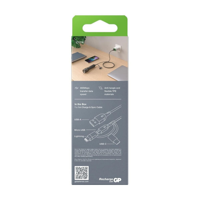EAN 4891199206313 - GP Batteries CY1N cable USB 1 m USB A USB C/Micro-USB B/Lightning Gris imagen 3