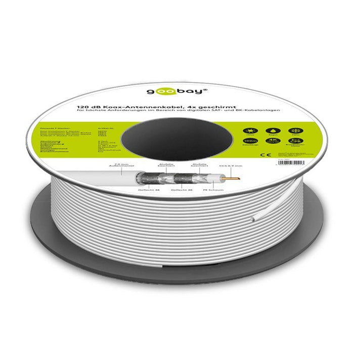 Cable Coaxial 100 Metros Sat De 120 Db, Blindado En 4 Mallas, Ccs
 Para Sistemas Digitales Sat Y Dvb-C Blanco