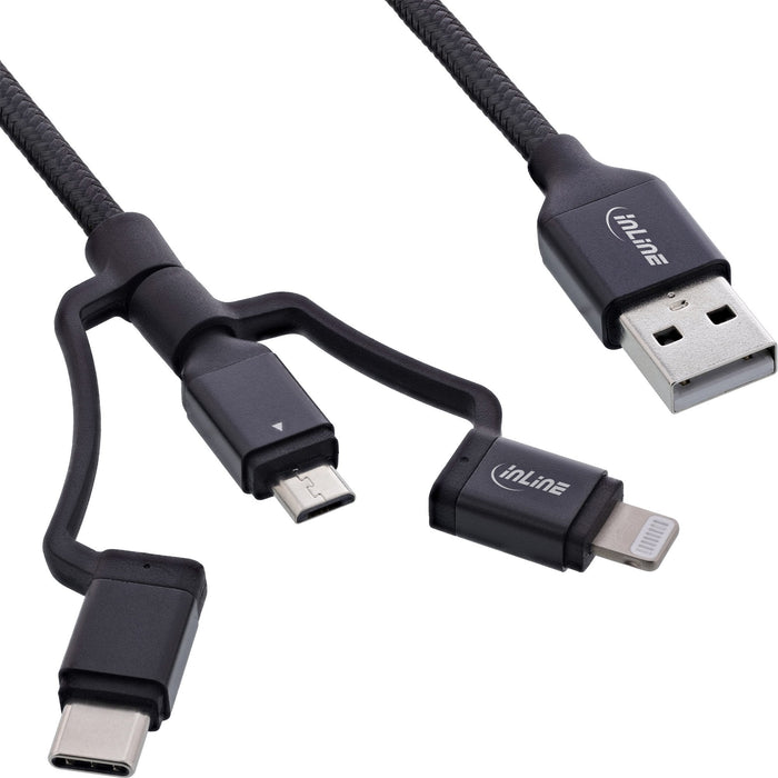 Cable Usb 3 En 1 Inline, Usb Am A Micro-Usb + Usb Tipo C + Lightning, Negro/Aluminio, 1,5 M Con Certificación Mfi