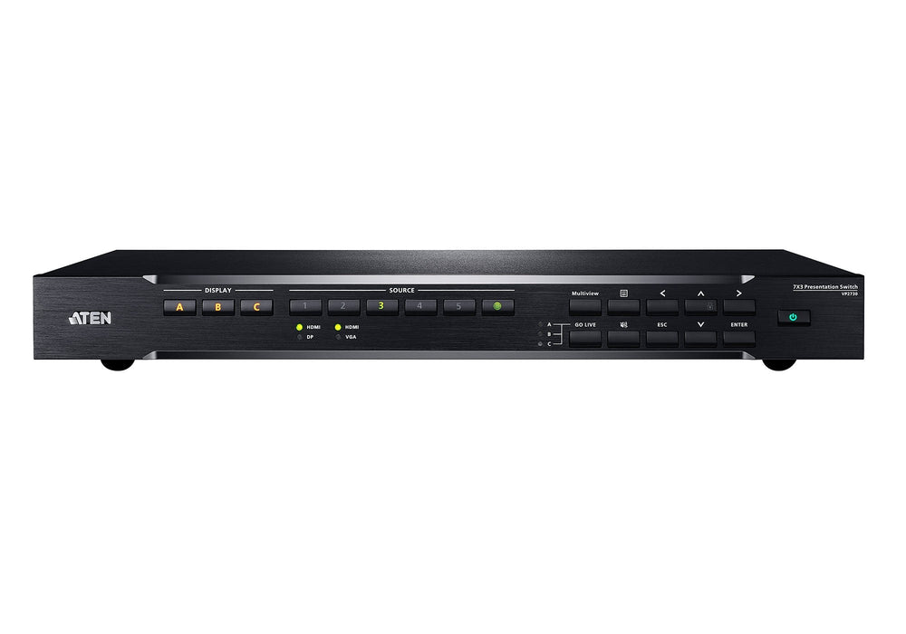 Switch De Presentación 7 X 3 Con Escalador De Vídeo, Streaming, Mezclador De Audio Y Hdbaset De Aten