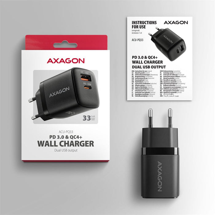 Acu-Pq33 Cargador De Red Gan 33w, 2x Port (Usb-C + Usb-A), Pd3.0/Pps/Qc4+, Negra