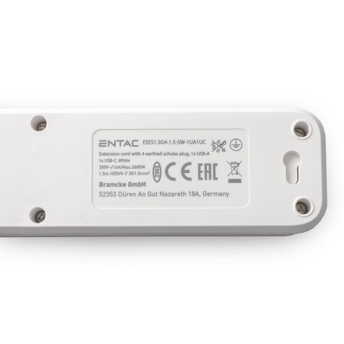 Entac Meckdosenleime 4fach 1x Usb-A & 1 Usb-C, 1,5m Blanco