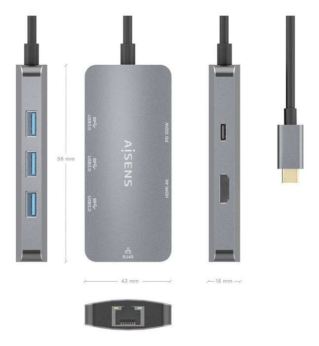 EAN 8435739901748 - AISENS ASUC-6P019-GR base para portátil y replicador de puertos Alámbrico USB 3.2 Gen 1 (3.1 Gen 1) Type- imagen 4