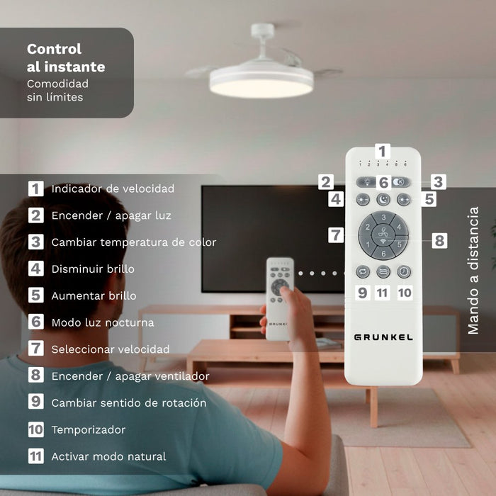 Grunkel Ventilador De Techo Con Luz 24w 6 Velocidades C/Temporizador Blanco