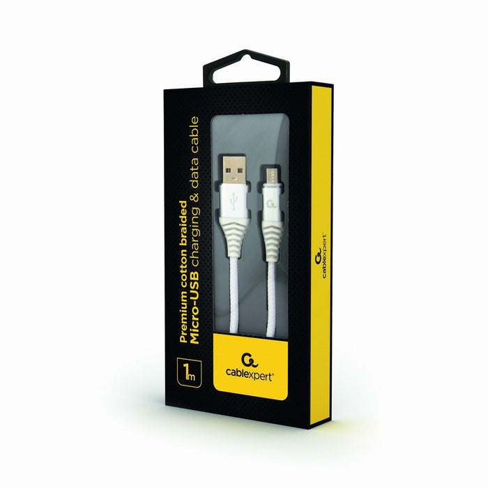 Gembird Cable De Carga Y Datos Micro-Usb Trenzado Premium, 1m, Plata / Blanco