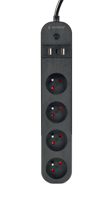 Gembird Regleta Smart Con Cargador Usb, 4 Enchufes Franceses, Negro