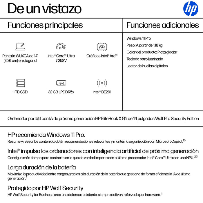 EAN 0199251187117 - HP EliteBook X G1i Next Gen AI PC Wolf Pro Security Edition Copilot+ PC Intel Core Ultra 7 258V Portátil  imagen 4