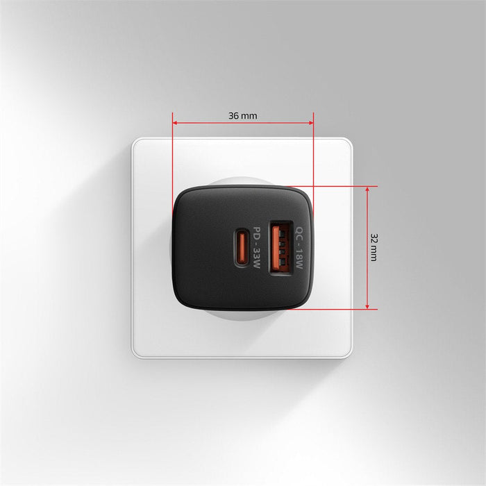Acu-Pq33 Cargador De Red Gan 33w, 2x Port (Usb-C + Usb-A), Pd3.0/Pps/Qc4+, Negra
