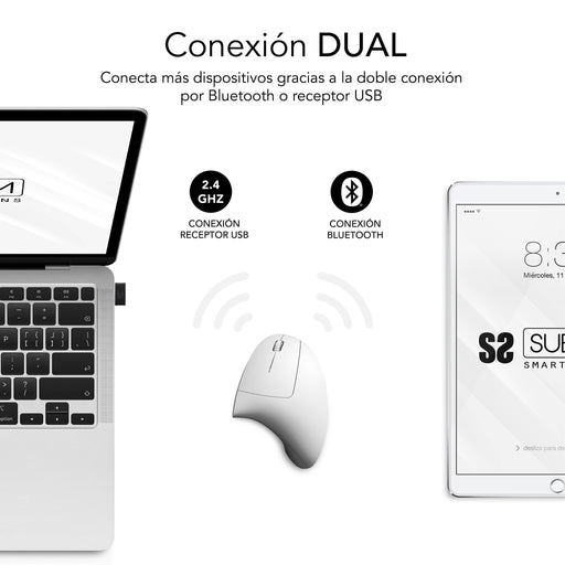 EAN 8436586743062 - SUBBLIM RATON OPTICO DUAL GLIDE VERTICAL ERGO DUAL BATERIA BLANCO ratón Universal mano derecha Bluetooth  imagen 2
