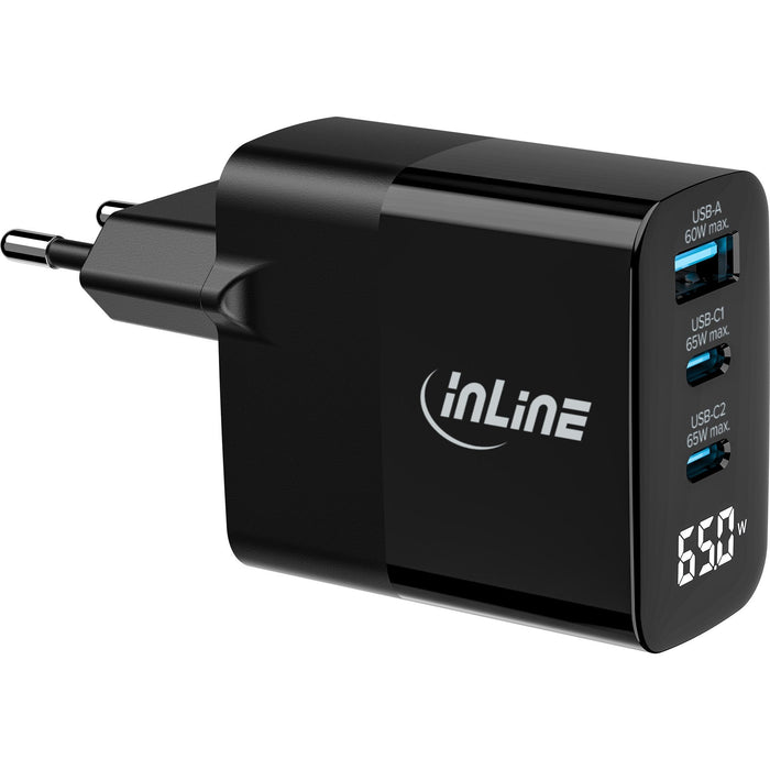Inline® Usb Pd Power Supply, Gan Charger, 3-Port, Usb-C + Usb-A, 65w, W/ Display