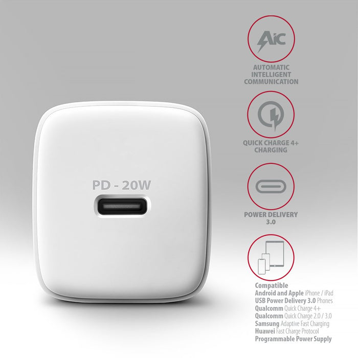 EAN 8595247908308 - Axagon ACU-PD20W wall charger 1x QC3.0/AFC/FCP/PD type-C 20W white Teléfono móvil, Smartphone, Reloj inte imagen 4