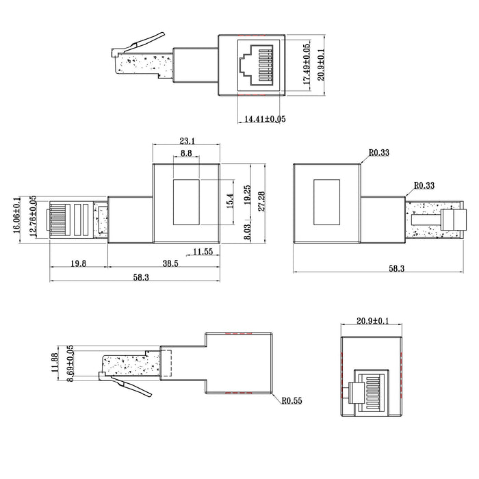 Adaptador De Cable De Red Inline Cat.6a, Enchufe/Toma Rj45, Acodado 90° A La Derecha
