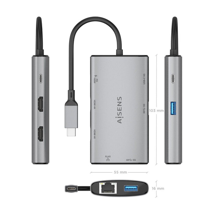 Aisens Usb-C Dock 7 En 1, Usb-C A 2xhdmi 4k, 1xrj45, 2xusb-A Usb3.0, 1xusb-C, 1xusb-C Pd100w, Gris, 20cm